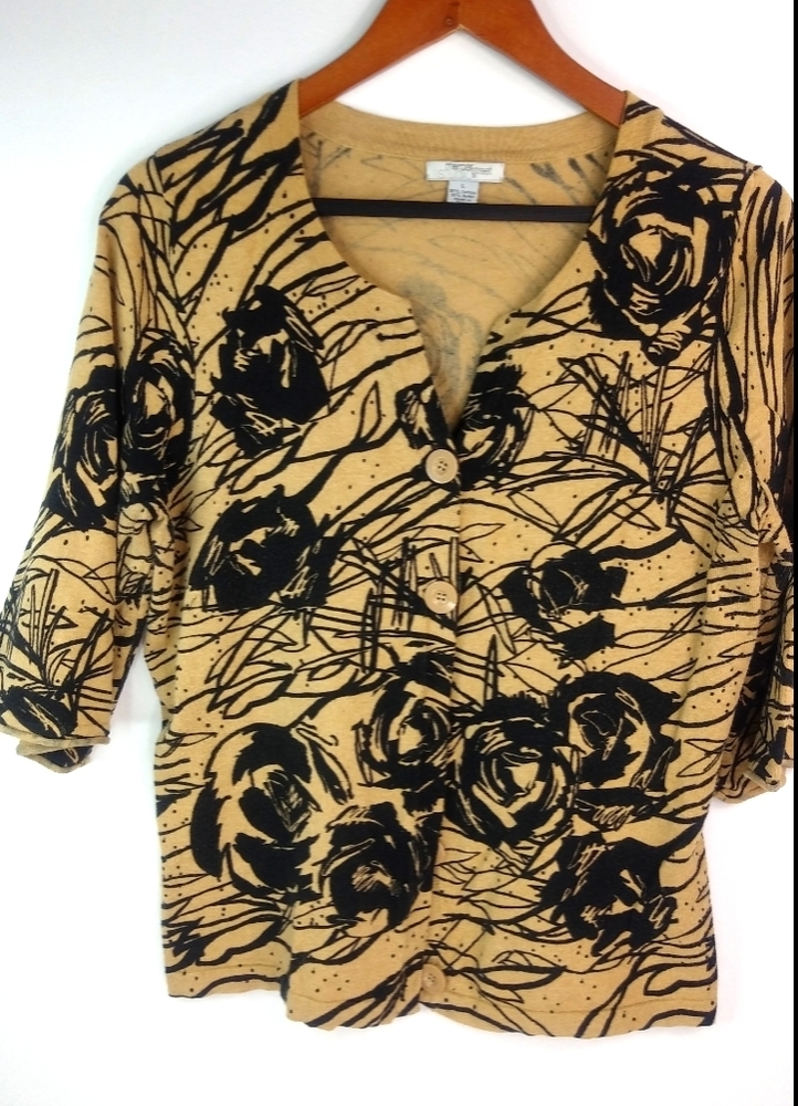 Mercer Street L Black Gold Roses Cardigan Sweater